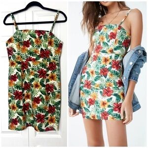Forever 21 Green Red Hawaiian Floral Tropical Bodycon Tank Mini Dress Size Large